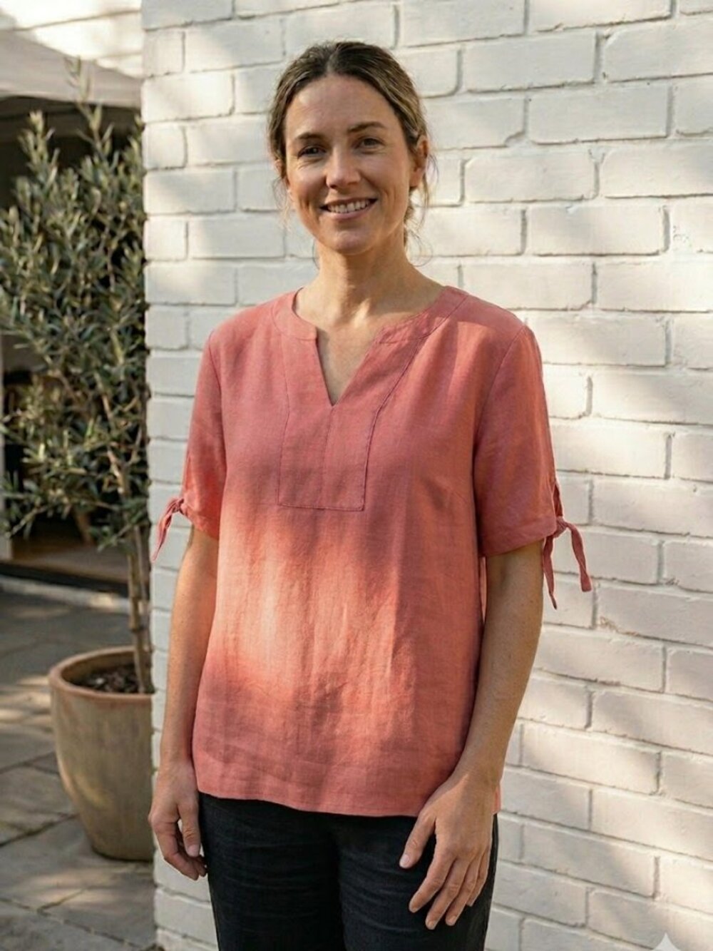 Talbots Linen Blend Tunic Top Small Coral Pink Tie Sleeve V Neck Blouse Summer